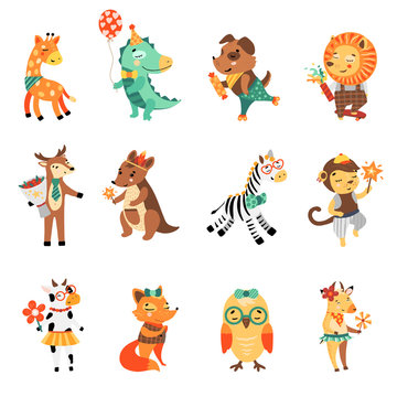 Happy birthday nice animal collection. Vector illustration. Lovely child set of funny charectrers.