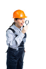 a girl, a civil engineer, saw something incredible with a magnifier. Isolated