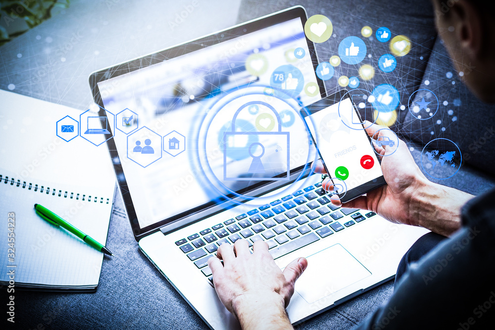 Poster business, technology and internet concept - businessman pressing data security button on virtual scr