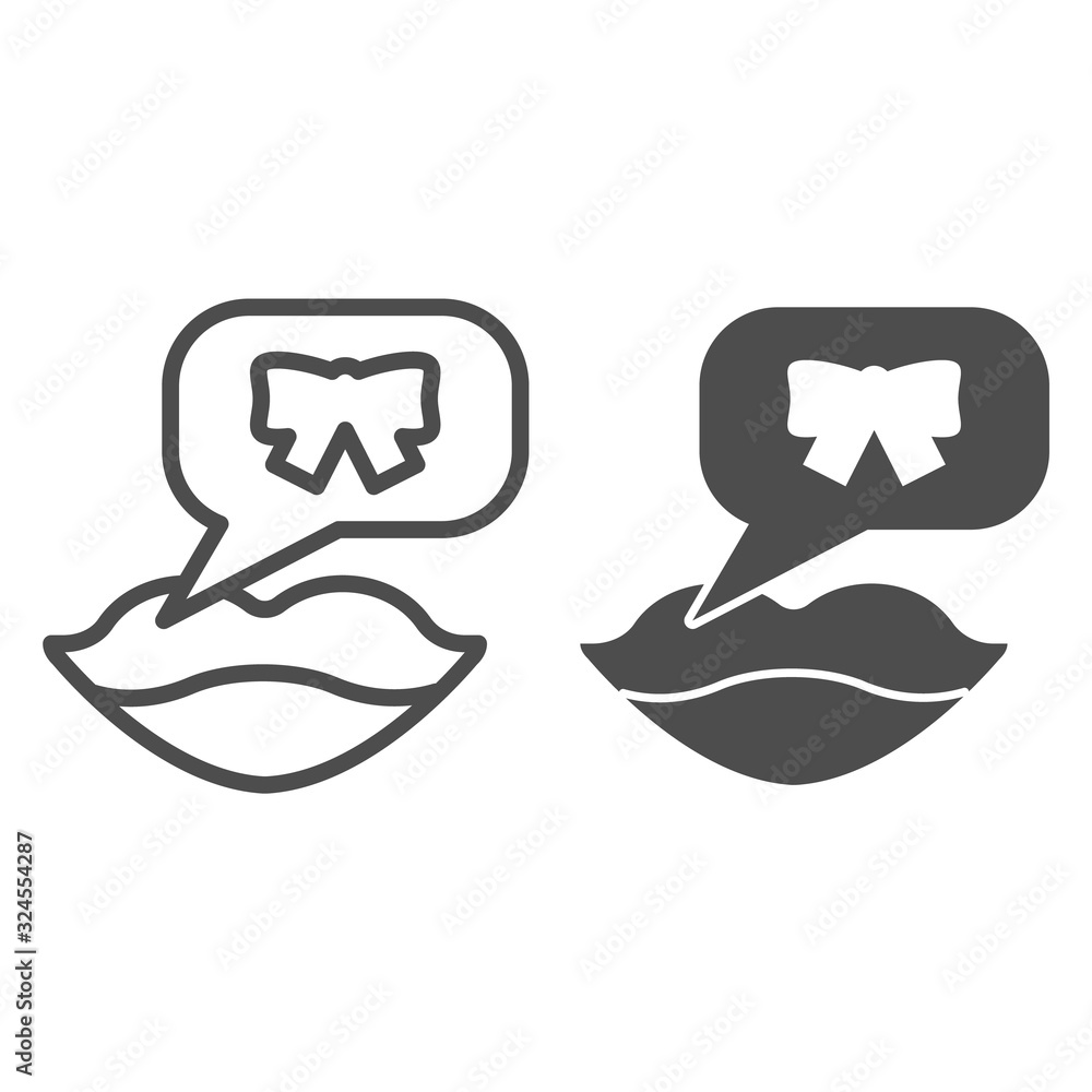 Poster lips congratulation dialog line and solid icon. smiling woman mouth with speech bubble and bow. part