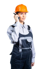 Girl builder talking on the walkie-talkie. isolated