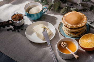 Spring breakfast with coffee and pancakes