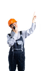 Girl builder talking on the walkie-talkie. isolated