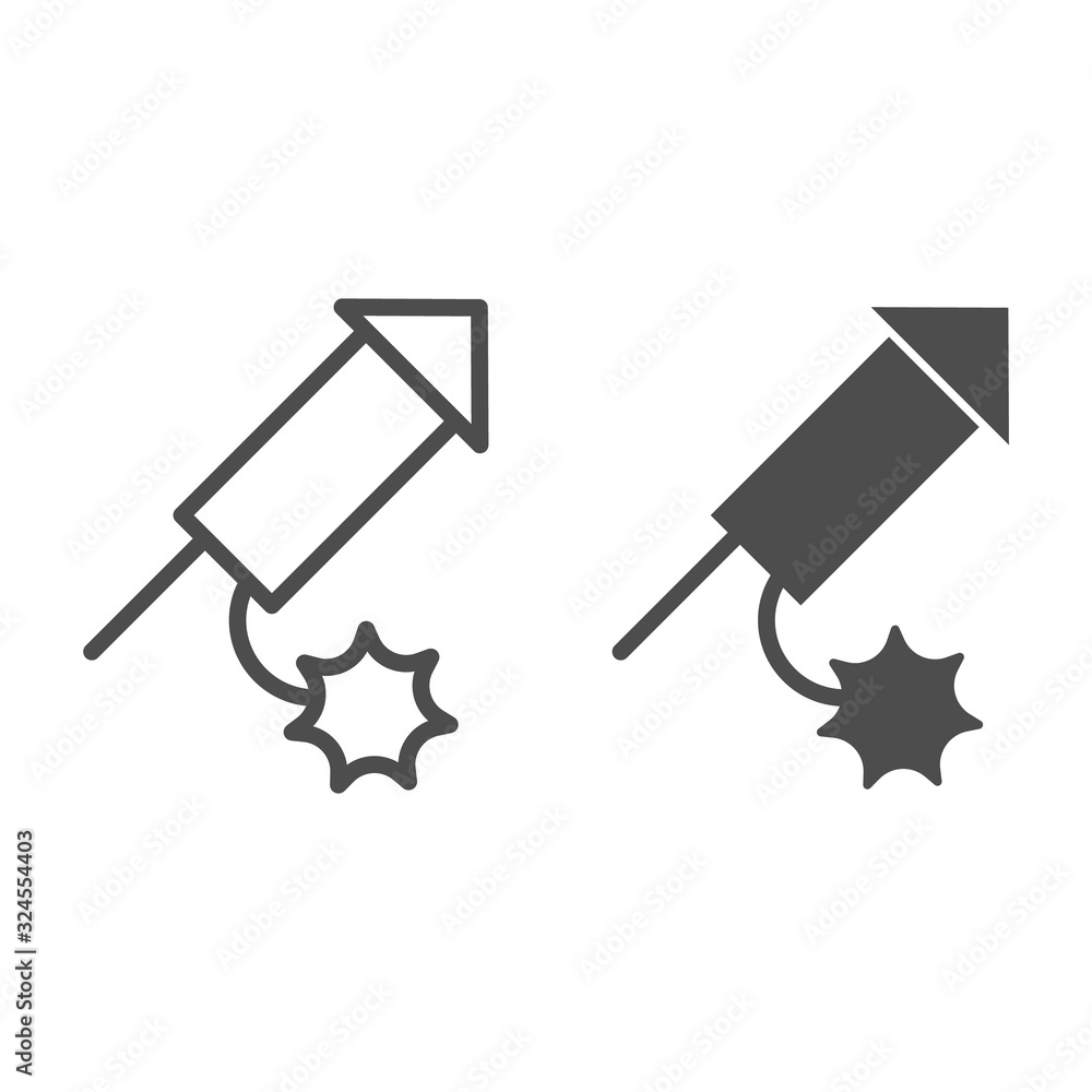Poster firecracker rocket line and solid icon. holiday party firework petard with sparkles. happy birthday 