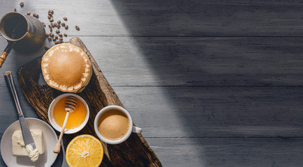Spring breakfast with coffee and pancakes