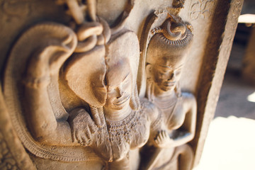 Walls decorated with wall carvings at Angkor Wat Temple. Siem Reap, Cambodia.