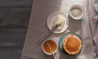 Spring breakfast with coffee and pancakes