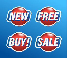 Set of shopping stickers, round red tags with text new, free, buy, sale, vector illustration.