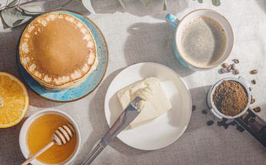 Spring breakfast with coffee and pancakes