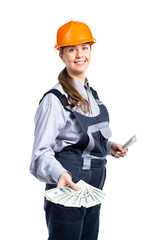 construction worker girl. The girl earned a lot of money and is very happy about it. Isolated