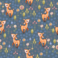 Watercolor cute nursery naive hand painted seamless pattern with deer, green leaves. Childish Handpainted print on dark blue background Watercolour Art for kids fabric wallpaper baby shower invitation