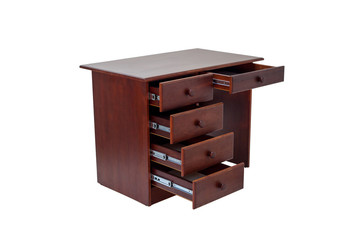 Classic brown desk with an open drawers, side view, isolated on a white background.