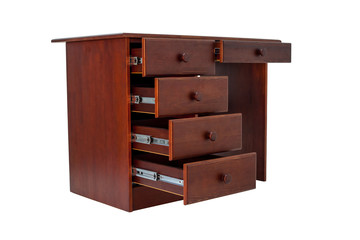 Classic brown desk with an open drawers, side view, isolated on a white background.