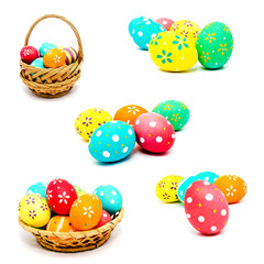 Collection of photos perfect colorful handmade painted easter eggs isolated