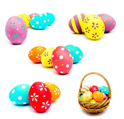 Collection of photos perfect colorful handmade painted easter eggs isolated