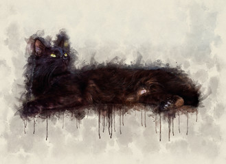 Watercolor illustration of a black cat with green eyes lying on the floor