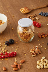 Obraz na płótnie Canvas Jar of granola, bowl and spatula next to almonds, walnuts, cashews, berries on wooden background