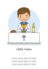 Communion boy card. Boy in the church with chalice in her hand