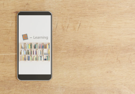 bookshelf in smart phone on wooden table, online school concept 3D rendering