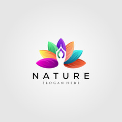 colorful leaf logo with yoga silhouette vector illustration