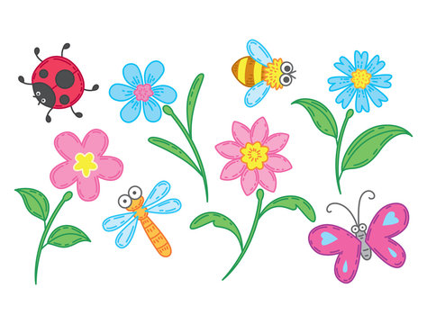 Cute cartoon insects and flowers