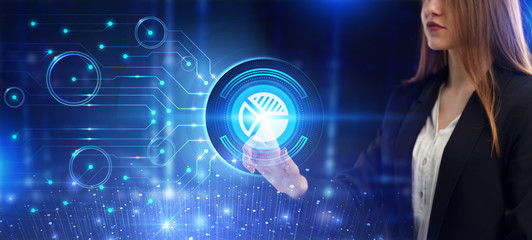 Business, Technology, Internet and network concept. Young businessman working on a virtual screen of the future and sees the inscription: