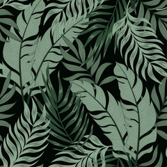 Naklejka na ściany i meble Botanical seamless tropical pattern with colorful plants and leaves on a black background. Colorful stylish floral. Exotic tropics. Summer. Hawaiian style.