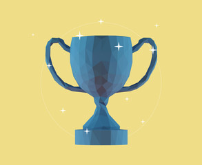 Blue Trophy Cup on Yellow Background. Low Poly Vector 3D Rendering