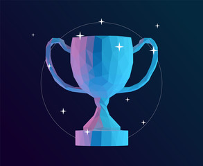 Holographic Trophy Cup on Isolated Background. Vibrant Low Poly Vector 3D Rendering