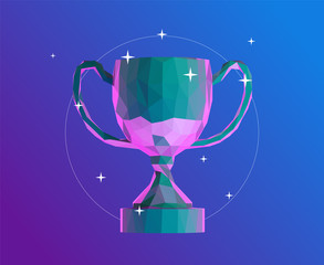 Psychedelic Vaporwave Trophy Cup on Retro Background. Low Poly Vector 3D Rendering