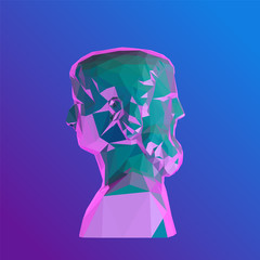 Psychedelic Vaporwave Two-faced Janus, Greek God of Time on Retro Background. Low Poly Vector 3D Rendering