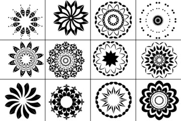 Flower Icons Set on White Background. mandala elements collection black vector isolated 12 floral geometry