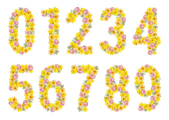 Numbers from 0 to 9. Numbers consisting of daffodils, gerberas and daisies. Yellow, pink, white, orange flowers. Creative concept of spring, summer.