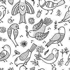 Cotton fabric Hand drawn birds on a white background