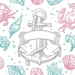 Seamless pattern sea shell, coral, crab and anchor with ribbon