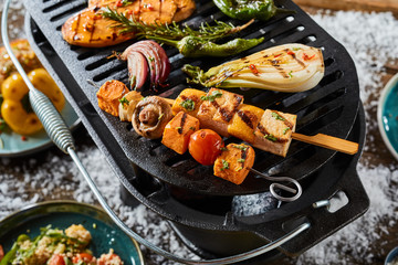 Fresh grilled vegetable and tofu kebabs