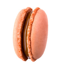 Macro photo of french caramel macaroon with reflection isolated on white