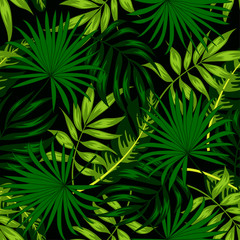 Naklejka na ściany i meble Trend seamless pattern. Tropical leaves and plants on dark background. Illustration in Hawaiian style. Jungle leaves. Botanical pattern. Vector background for various surface. Exotic wallpaper.