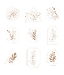 Fototapeta na wymiar Trendy vector logos with drawings in linear style. Gold geometric shapes with leaves and branches. Line and silhouette. Perfect logo for your brand, packaging, cosmetic, jewelry, shops, magazine