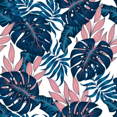 Wallpaper murals Tropical Leaves Summer tropical seamless pattern with blue and pink plants on a white background. Exotic wallpaper, Hawaiian style. Jungle leaves. Botanical pattern. Vector template. Creative abstract background.