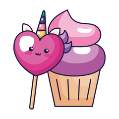 cute heart unicorn with cupcake kawaii style vector illustration design