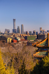 Beijing, China skyline at the central business district. Taken from Jingshan park which is centre point of Beijing. Park located at the centre of Beijing.