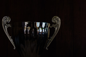 Low key image of trophy over dark wooden background.