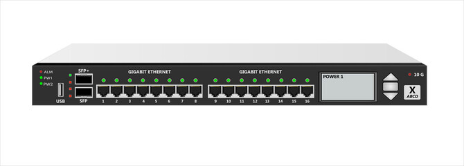 10G router IP traffic for mounting with a 19 inch rack. SFP, SFP+, USB and 16  RG-45 connectors and Router Management Screen. Vector illustration. - obrazy, fototapety, plakaty