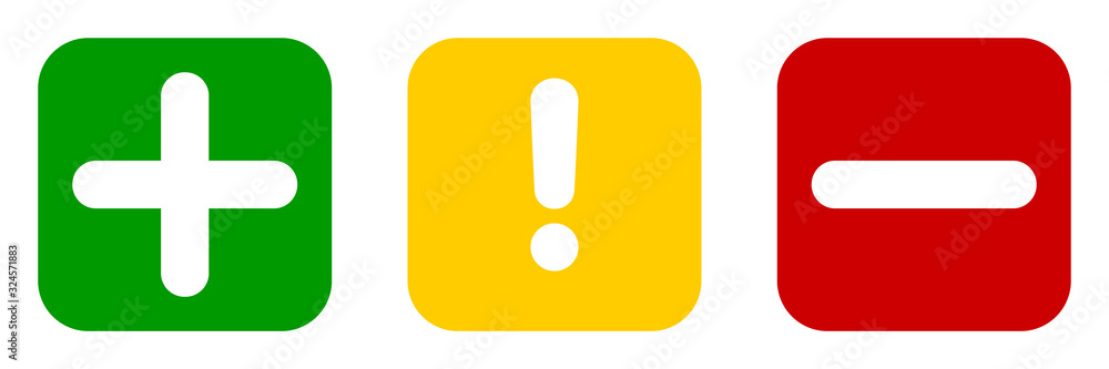 Aufkleber set of flat square plus sign, exclamation point and minus sign icons, buttons isolated on a white ba