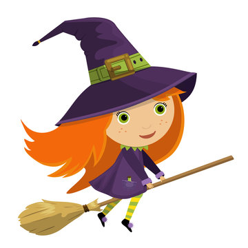 Cute red haired little witch in purple hat riding broomstick. Character for Halloween holiday, kids cards. Vector illustration in cartoon style