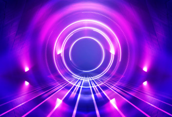 Dark abstract futuristic background. The geometric shape of the cyber circle in the middle of the scene. Neon blue-pink rays of light on a dark background