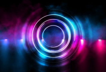 Dark abstract futuristic background. The geometric shape of the cyber circle in the middle of the...