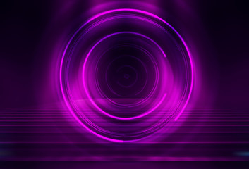 Dark abstract futuristic background. The geometric shape of the cyber circle in the middle of the scene. Neon blue-pink rays of light on a dark background