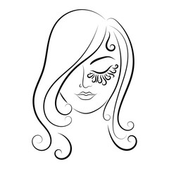 Eyelash extensions. Beauty logo. Beautiful female face with long eyelashes. Hairdresser sign.